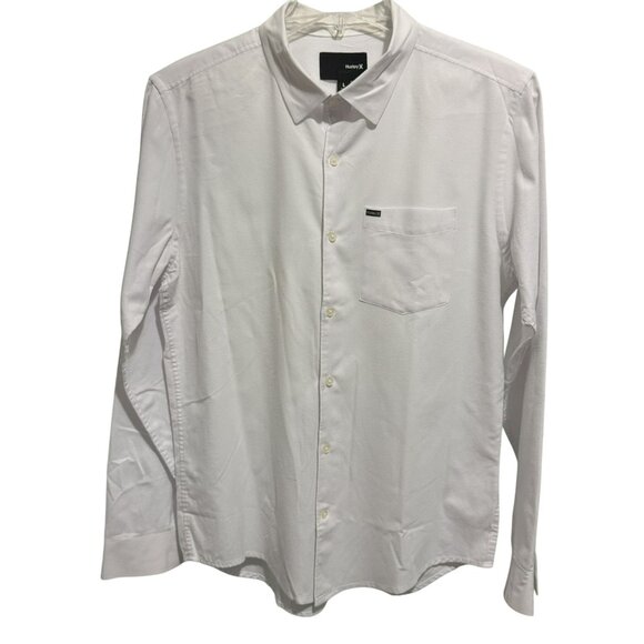 Hurley Mens White Long Sleeve Button Front Cotton Blend Shirt Pocket Logo Sz L - Picture 1 of 7